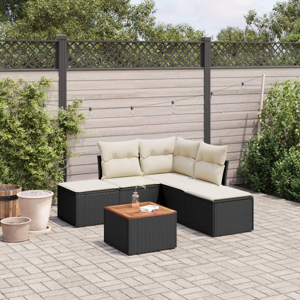 Set de sofás de jardín 6 piezas y cojines ratán sintético negro
