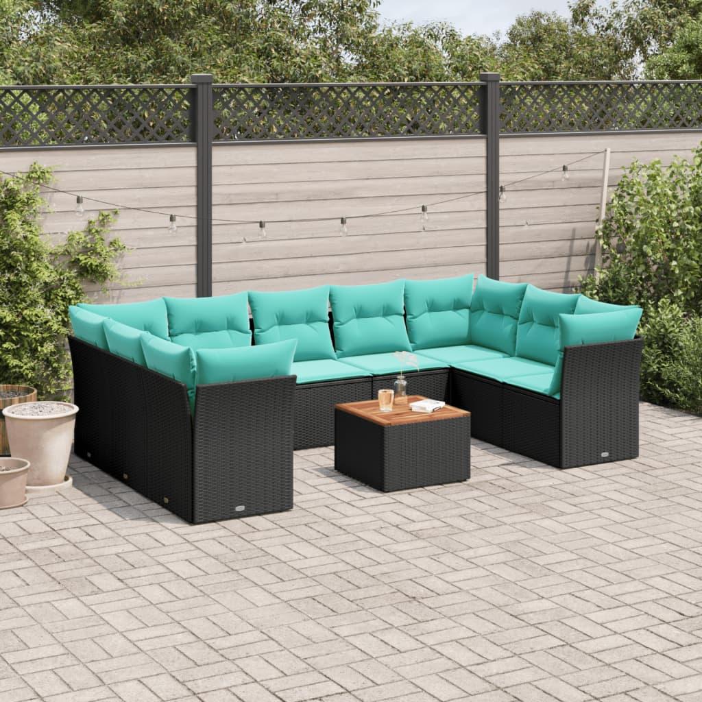 Set de sofás de jardín 10pzas con cojines ratán sintético negro