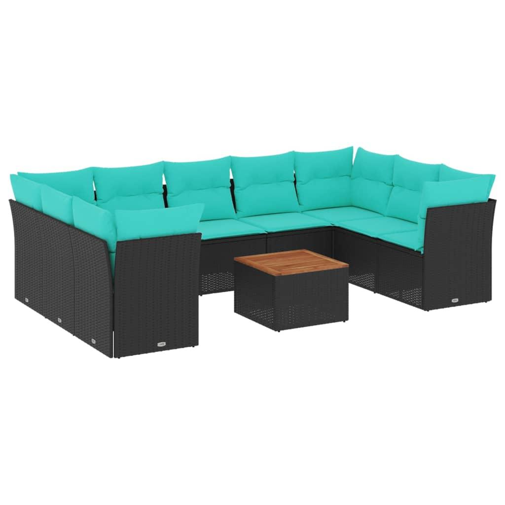 Set de sofás de jardín 10pzas con cojines ratán sintético negro