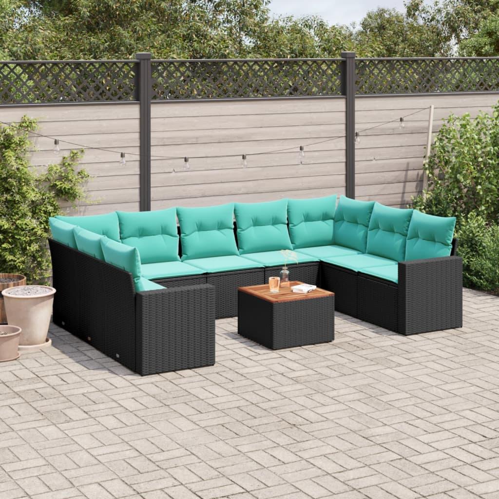 Set de sofás de jardín 10pzas con cojines ratán sintético negro