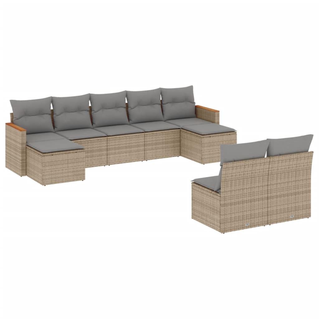Set de sofás de jardín 9 pzas con cojines ratán sintético beige