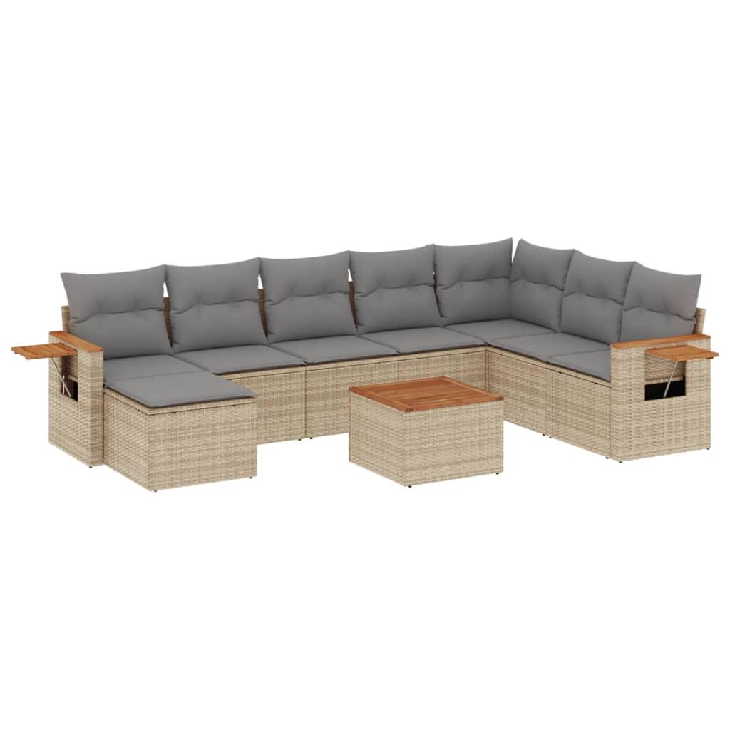 Set de sofás de jardín 9 pzas con cojines ratán sintético beige