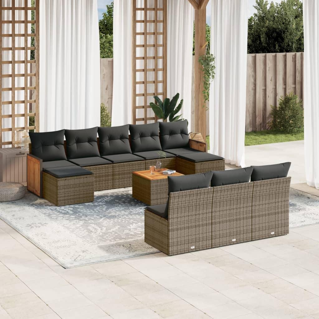 Set de sofás de jardín 11 pzas y cojines ratán sintético negro