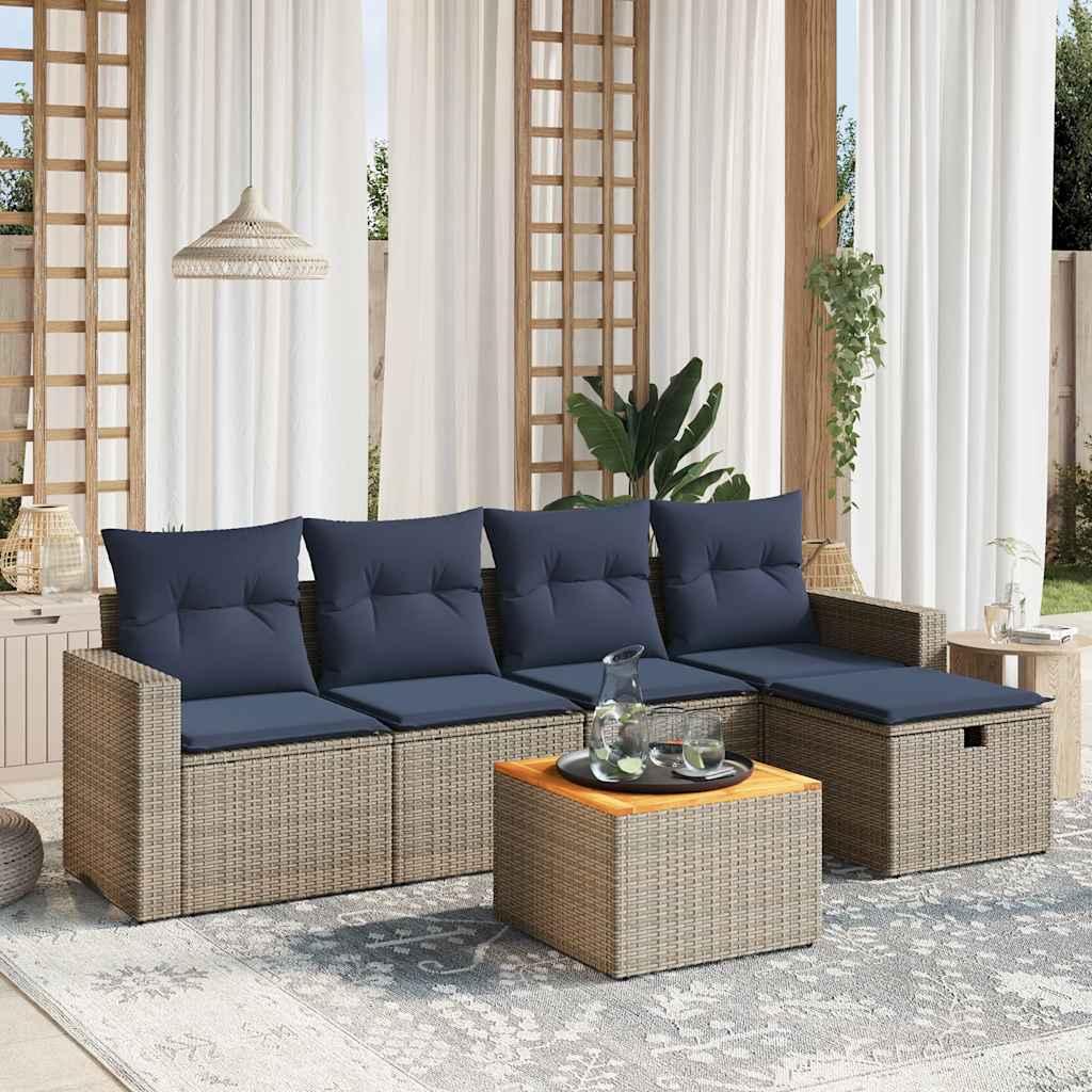 Conjunto de sofá de jardín de 6 piezas con cojines, color beige, poliratán