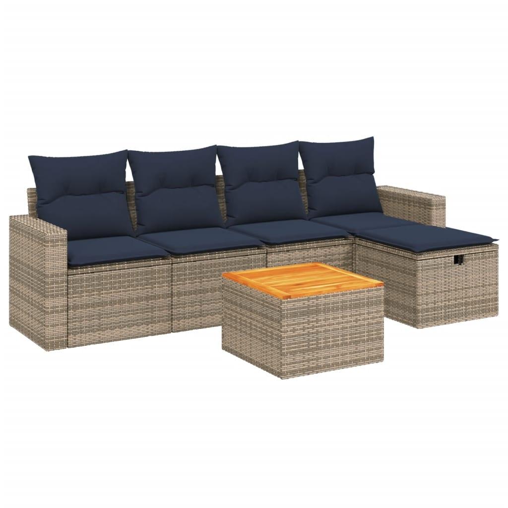 Conjunto de sofá de jardín de 6 piezas con cojines, color beige, poliratán