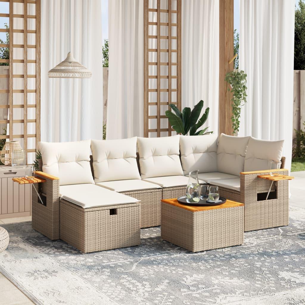 Set de sofás de jardín 7 piezas y cojines ratán sintético negro