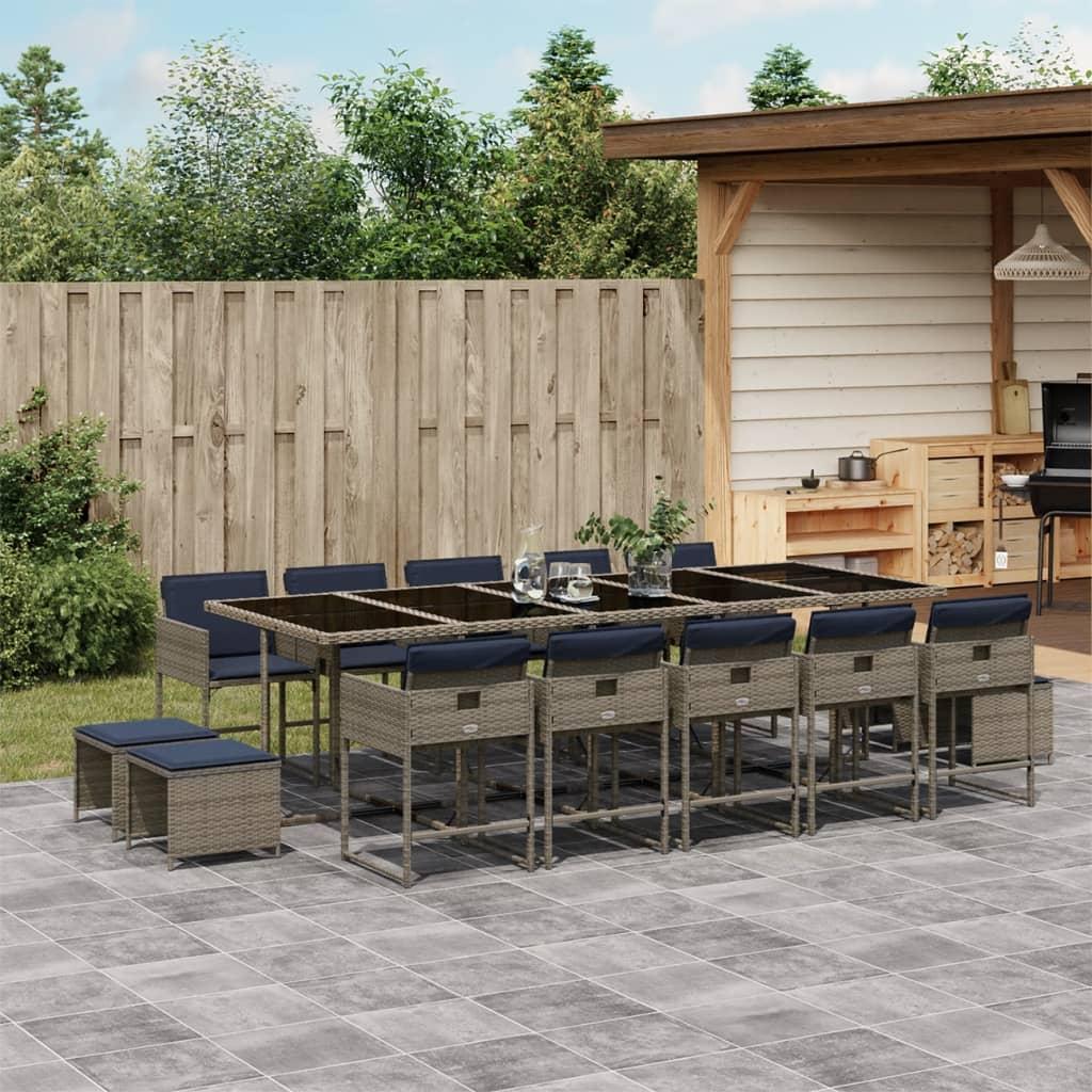 Conjunto de comedor de jardín de 15 piezas con cojines, poliratán gris