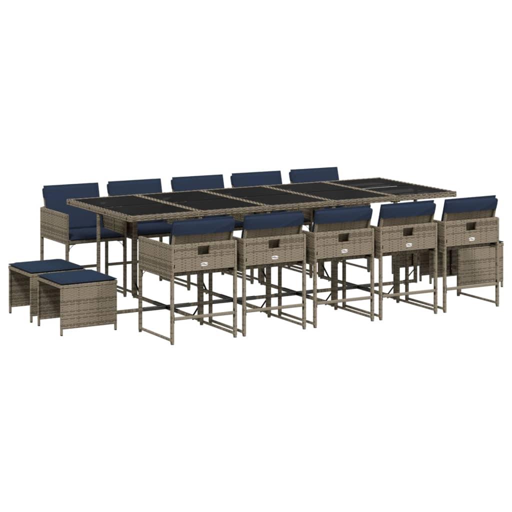 Conjunto de comedor de jardín de 15 piezas con cojines, poliratán gris
