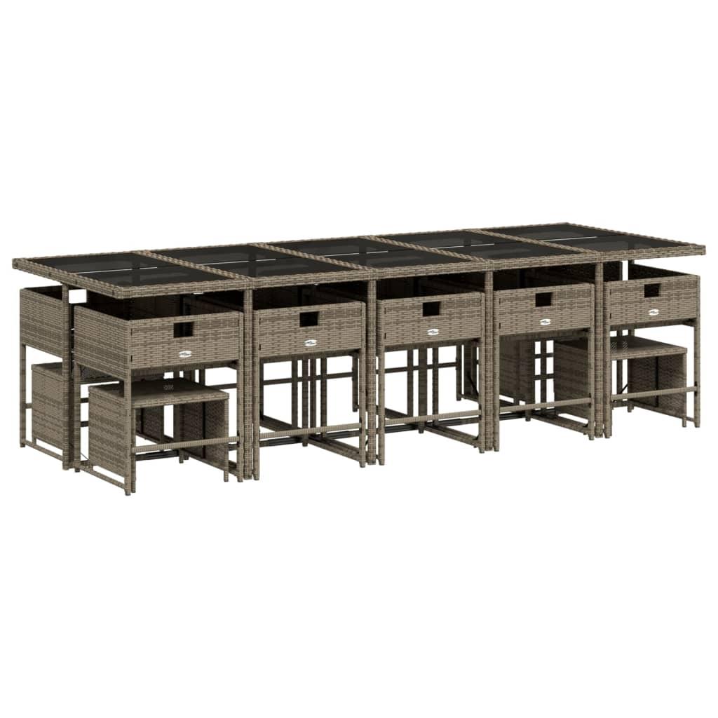 Conjunto de comedor de jardín de 15 piezas con cojines, poliratán gris