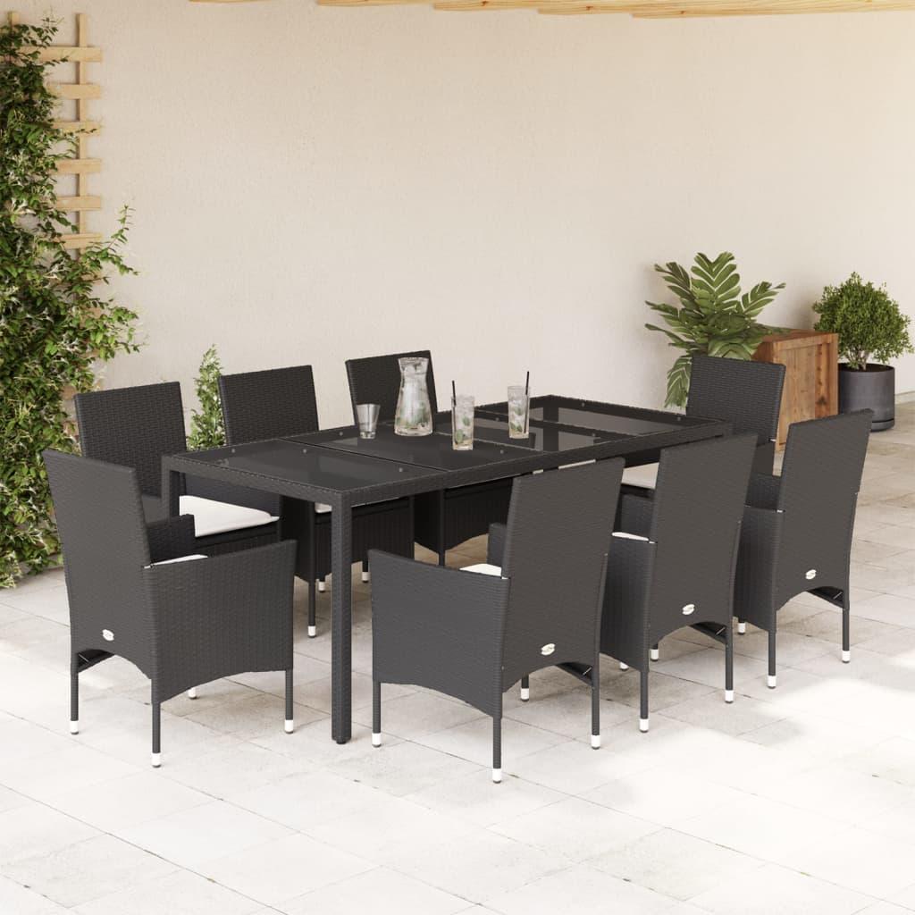 Set comedor de jardín 9 pzas y cojines ratán sintético y vidrio