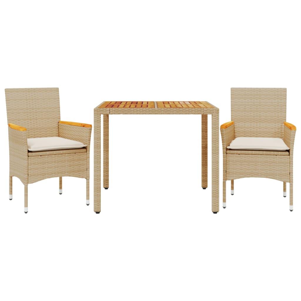 Set de comedor jardín 3 pzas con cojines ratán PE acacia