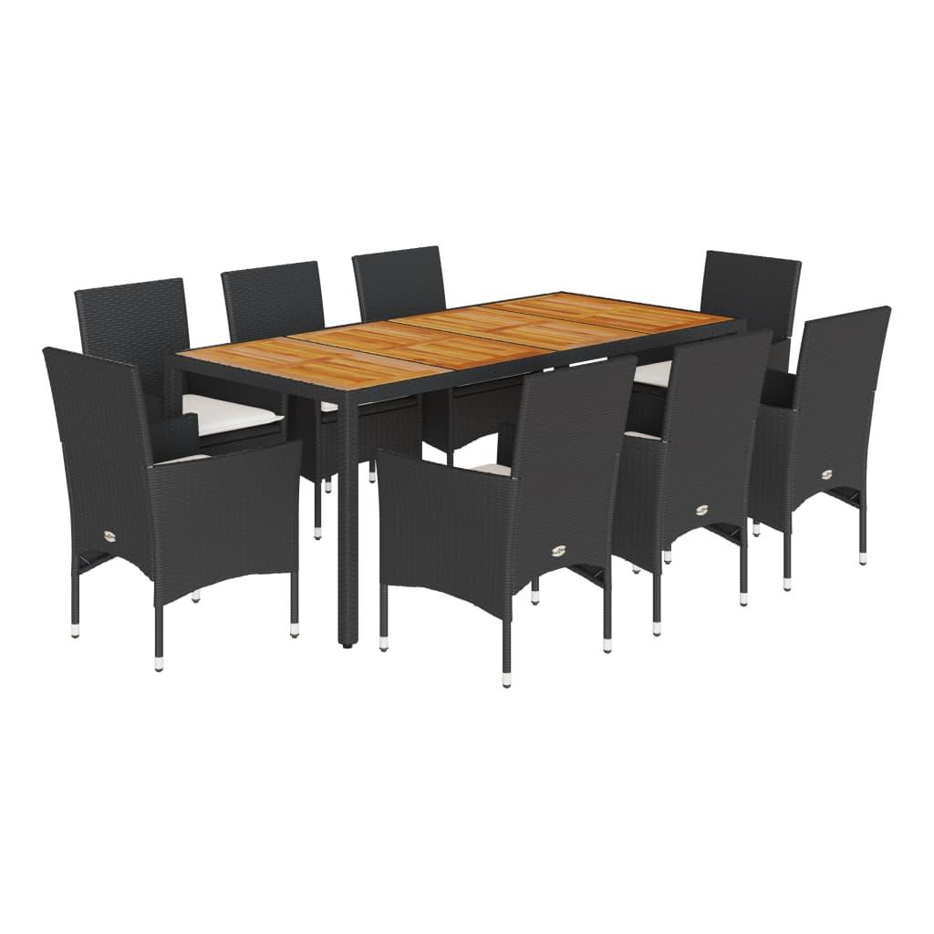 Set de comedor jardín 9 pzas con cojines ratán PE acacia negro