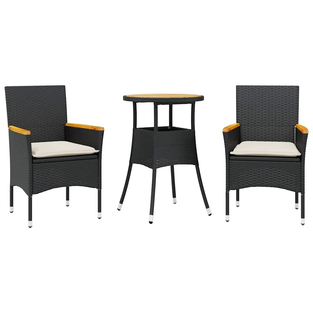 Set de comedor jardín 3 pzas con cojines ratán PE acacia negro