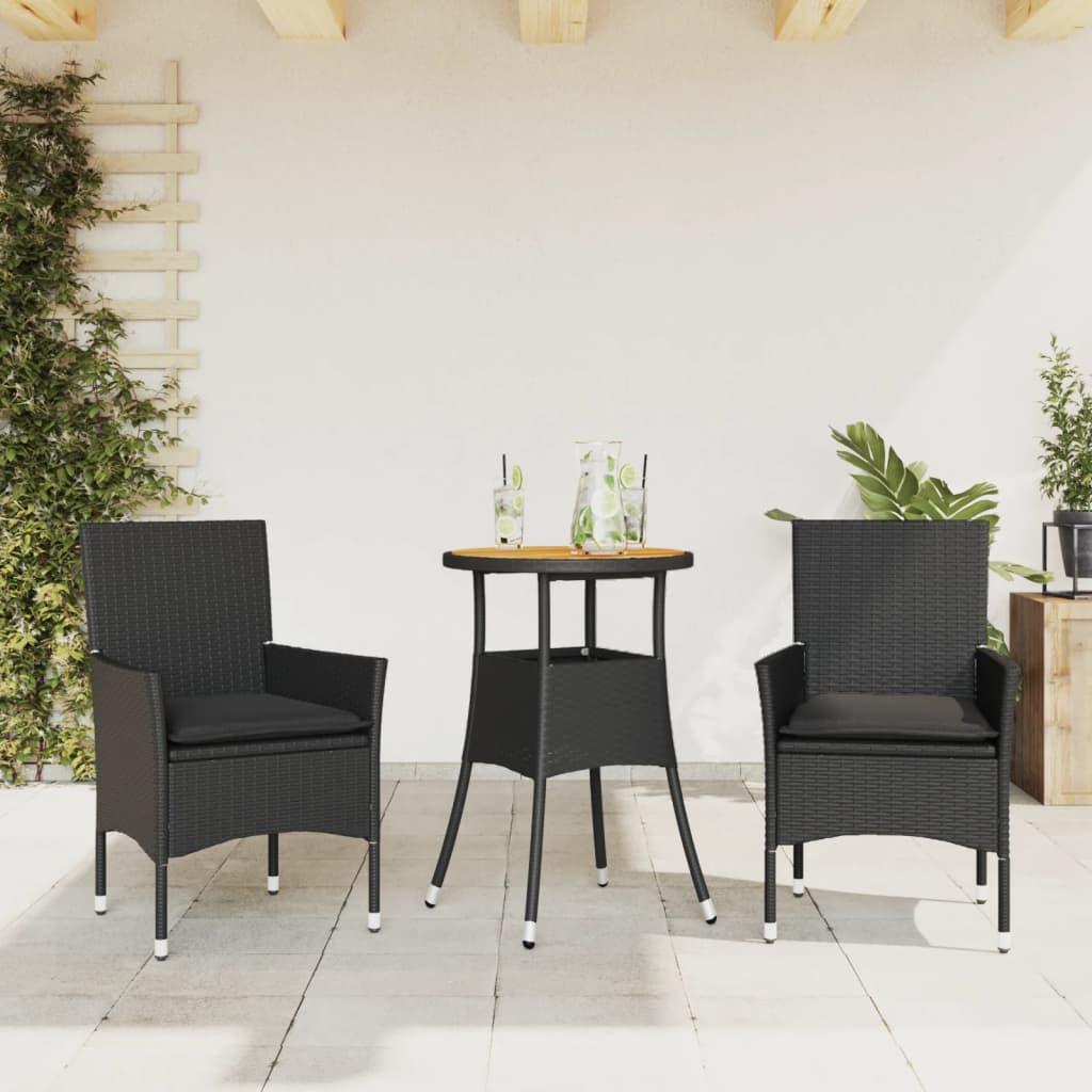 Set de comedor jardín 3 pzas con cojines ratán PE acacia negro