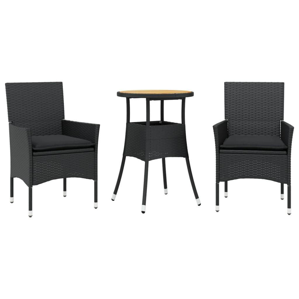 Set de comedor jardín 3 pzas con cojines ratán PE acacia negro