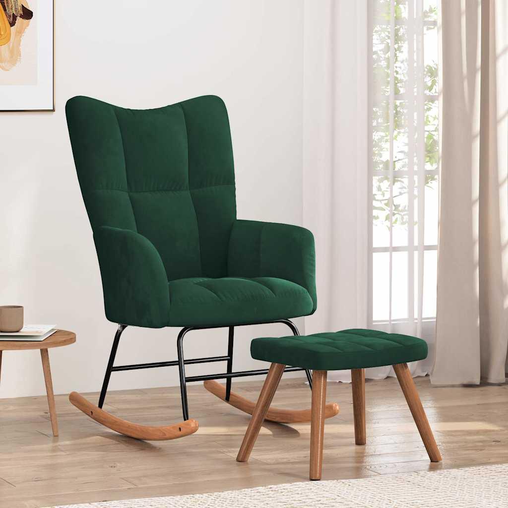 Silla mecedora con reposapiés terciopelo verde oscuro