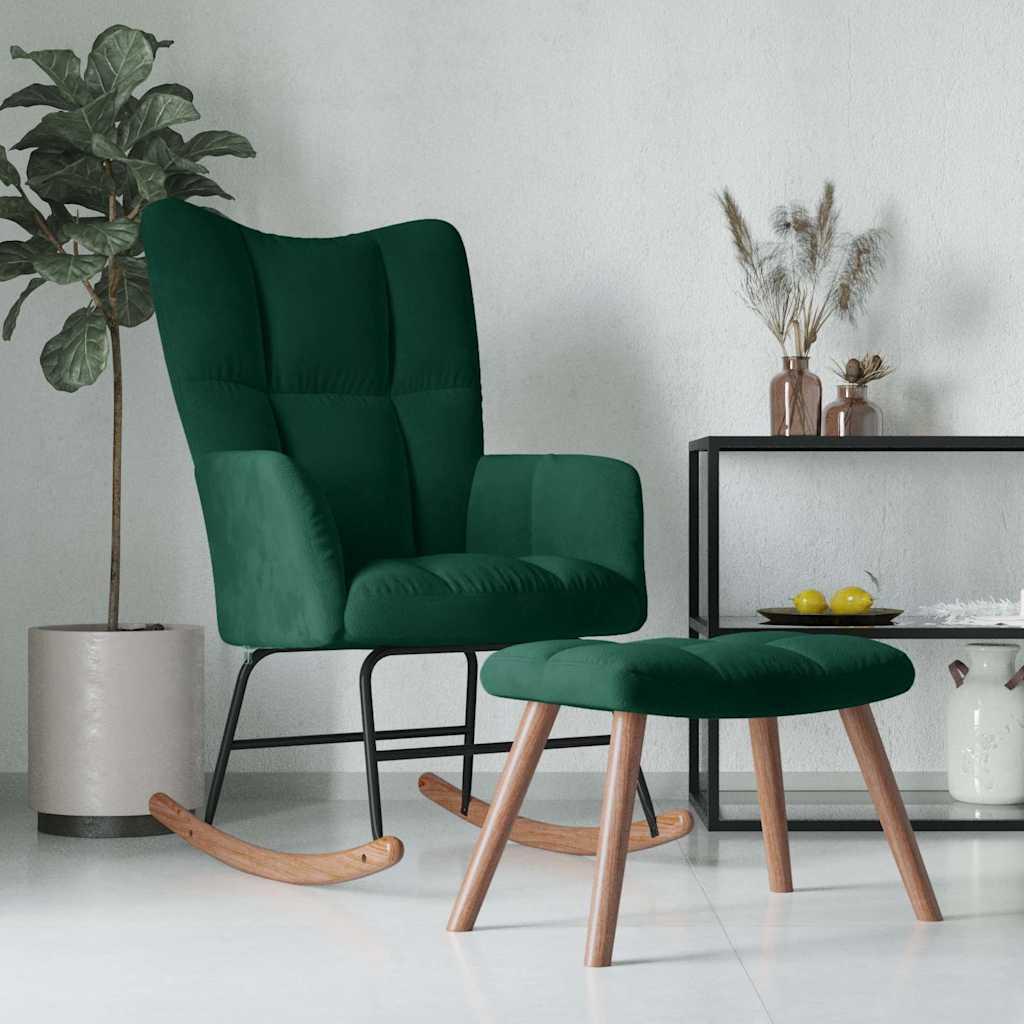 Silla mecedora con reposapiés terciopelo verde oscuro