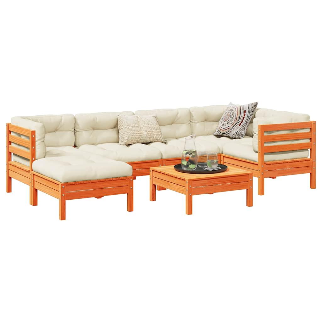 Set de sofás jardín 7 pzas con cojines madera pino marrón cera