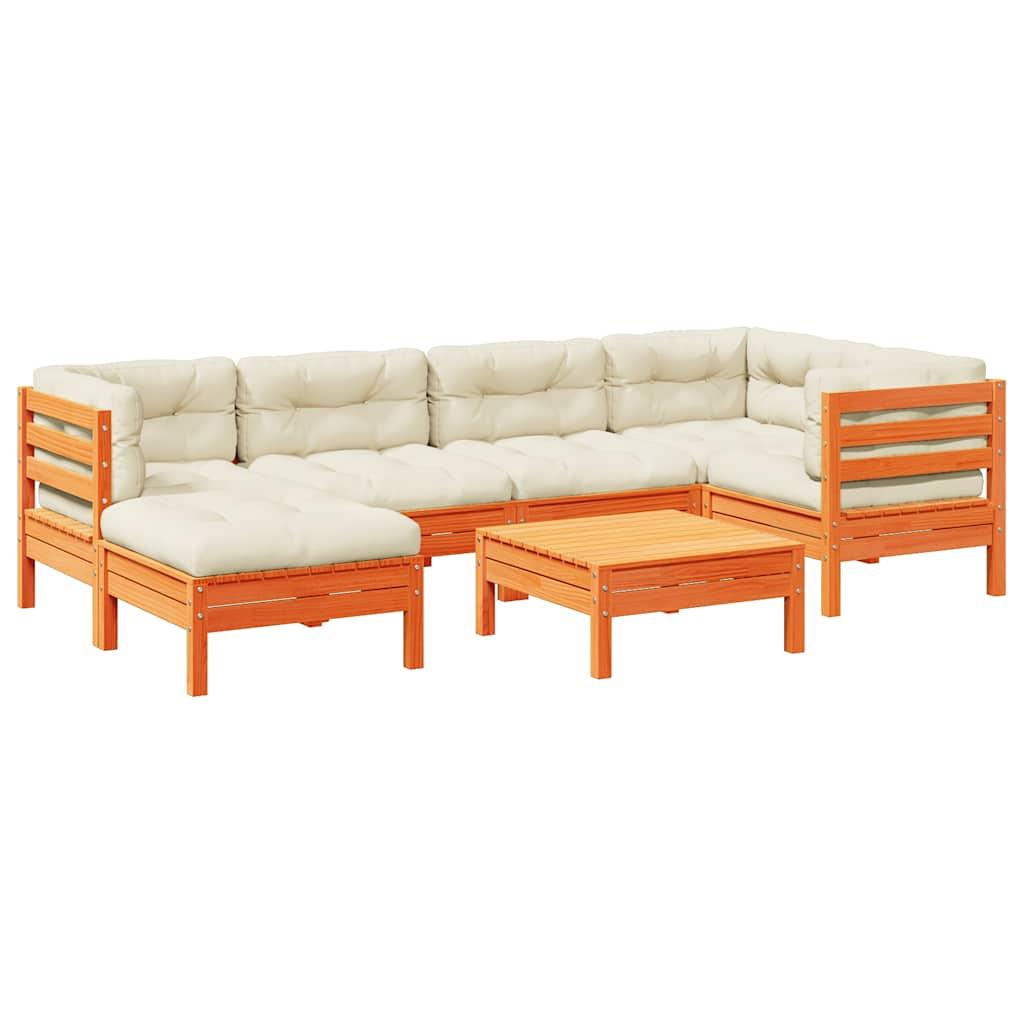 Set de sofás jardín 7 pzas con cojines madera pino marrón cera