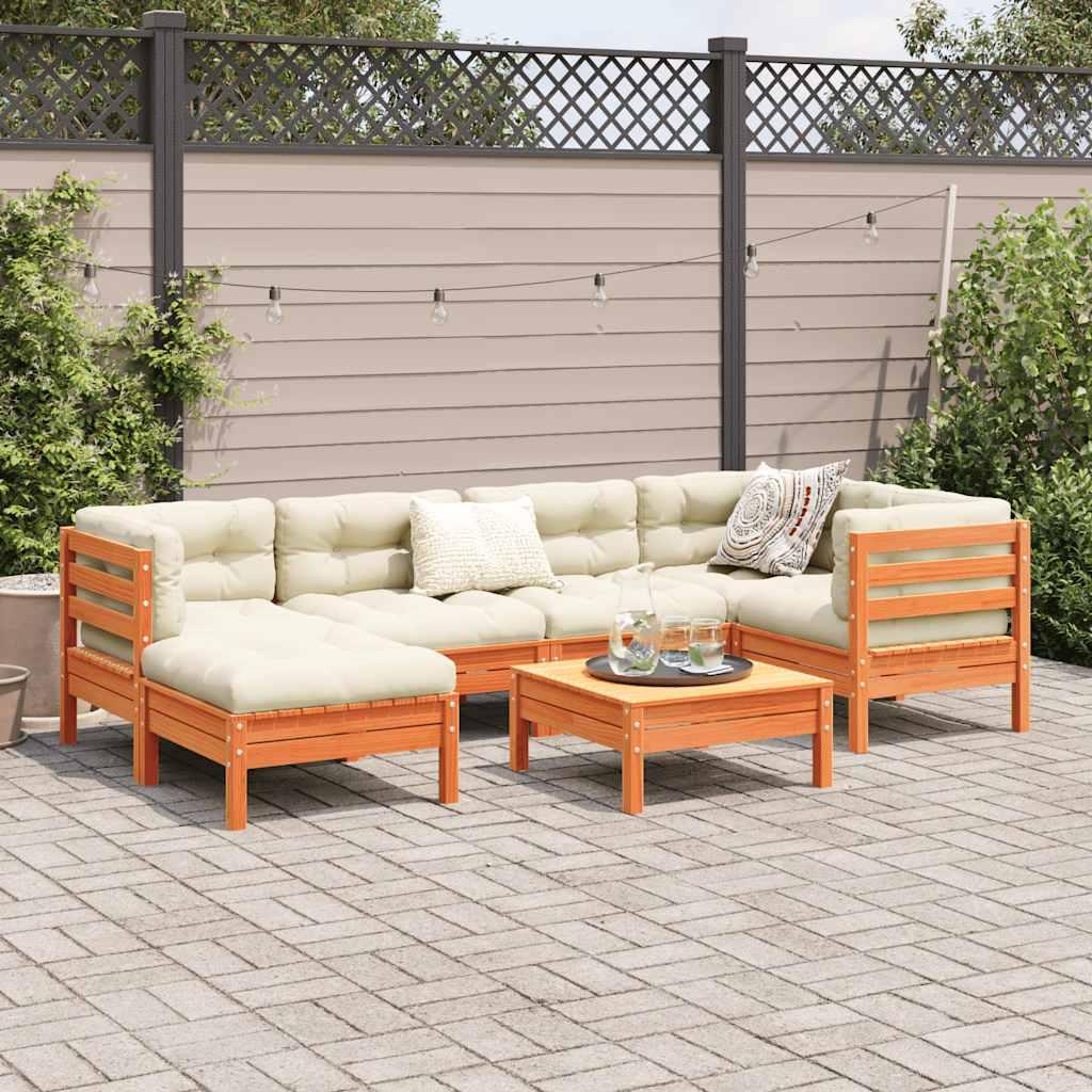 Set de sofás jardín 7 pzas con cojines madera pino marrón cera