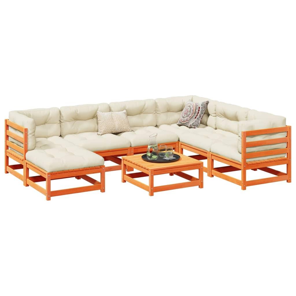 Set de sofás jardín 8 pzas con cojines madera pino marrón cera