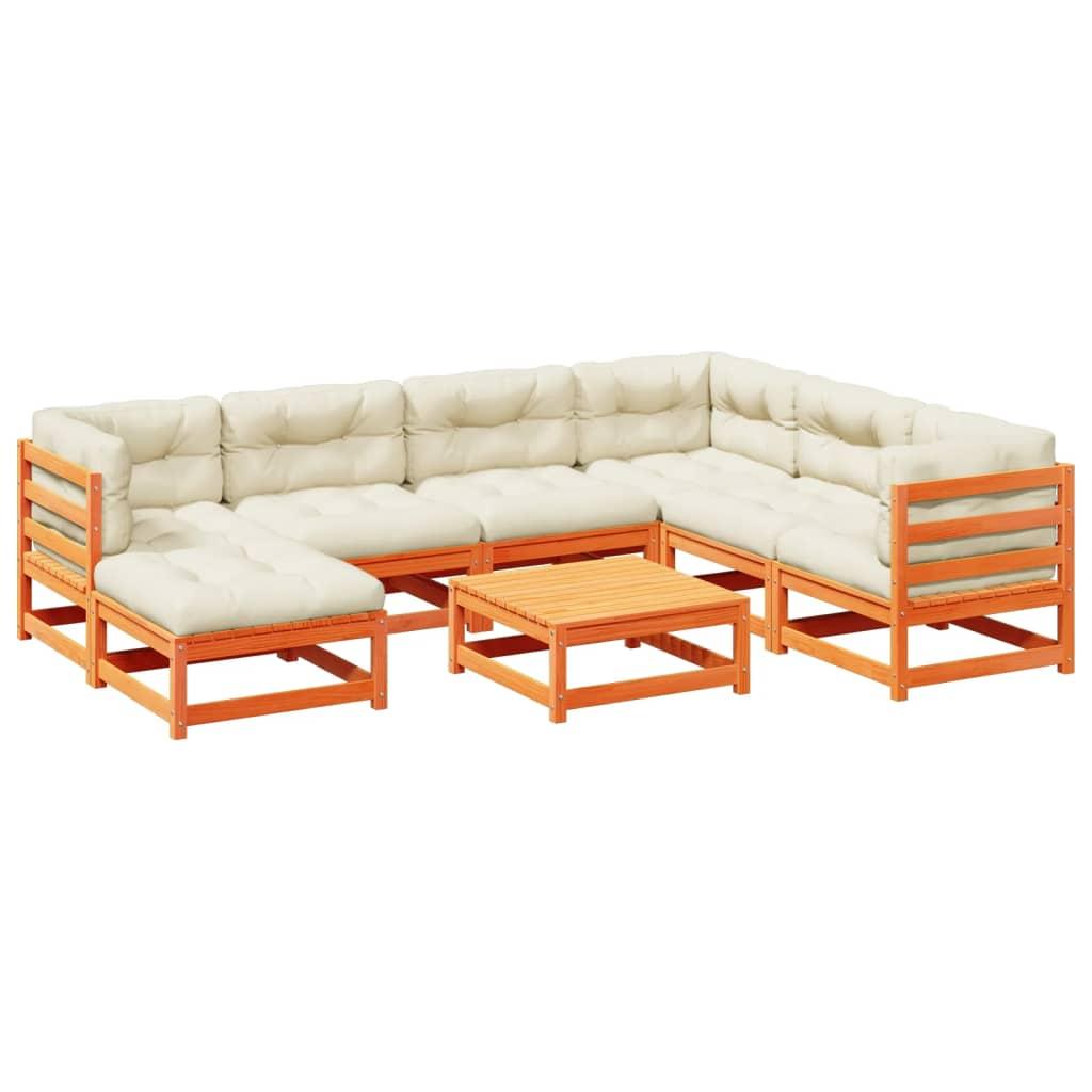Set de sofás jardín 8 pzas con cojines madera pino marrón cera