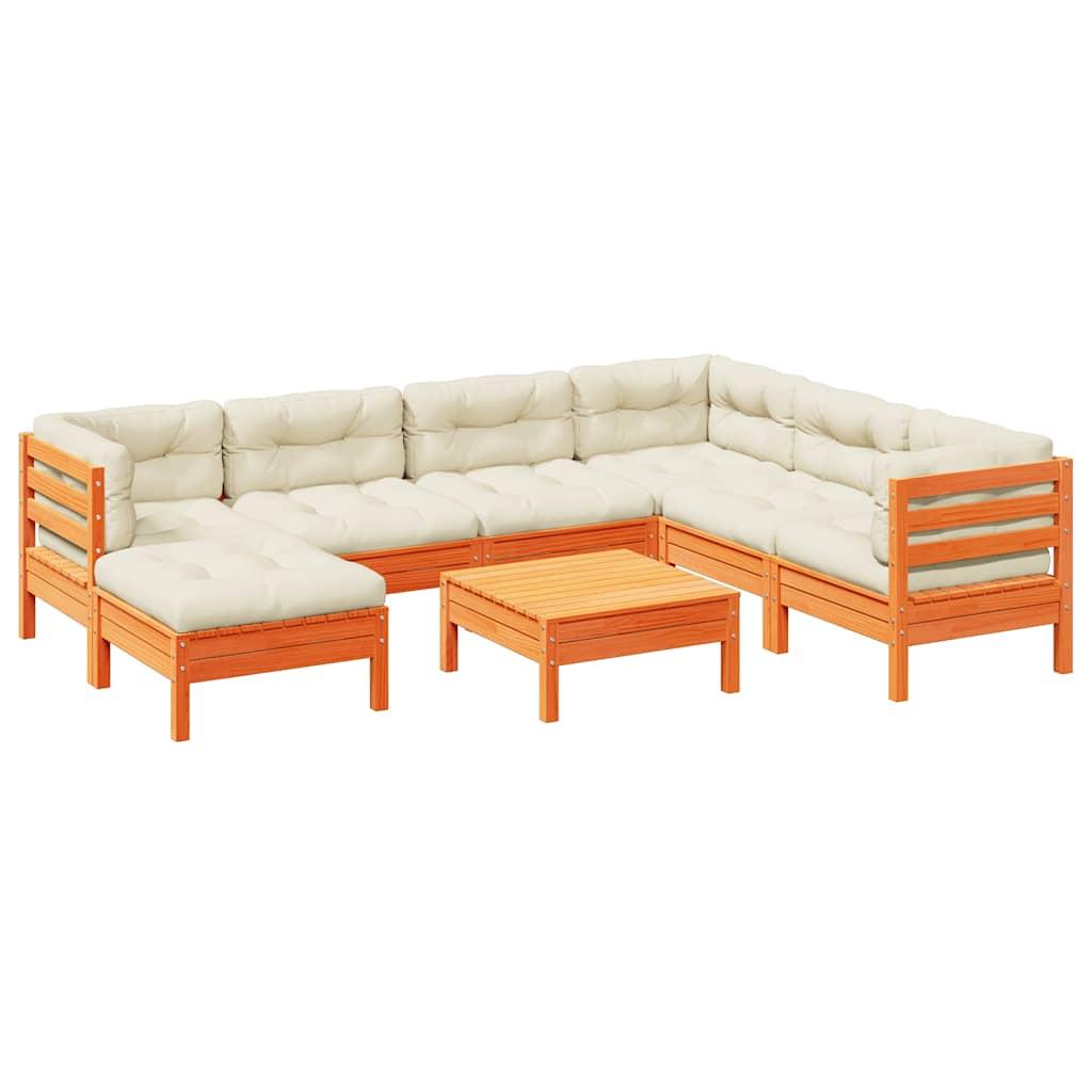 Set de sofás jardín 8 pzas con cojines madera pino marrón cera