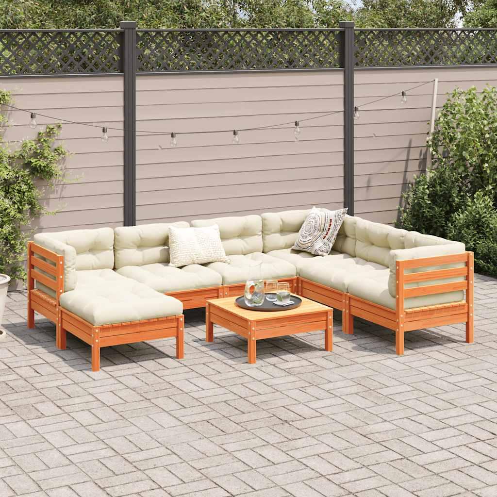 Set de sofás jardín 8 pzas con cojines madera pino marrón cera