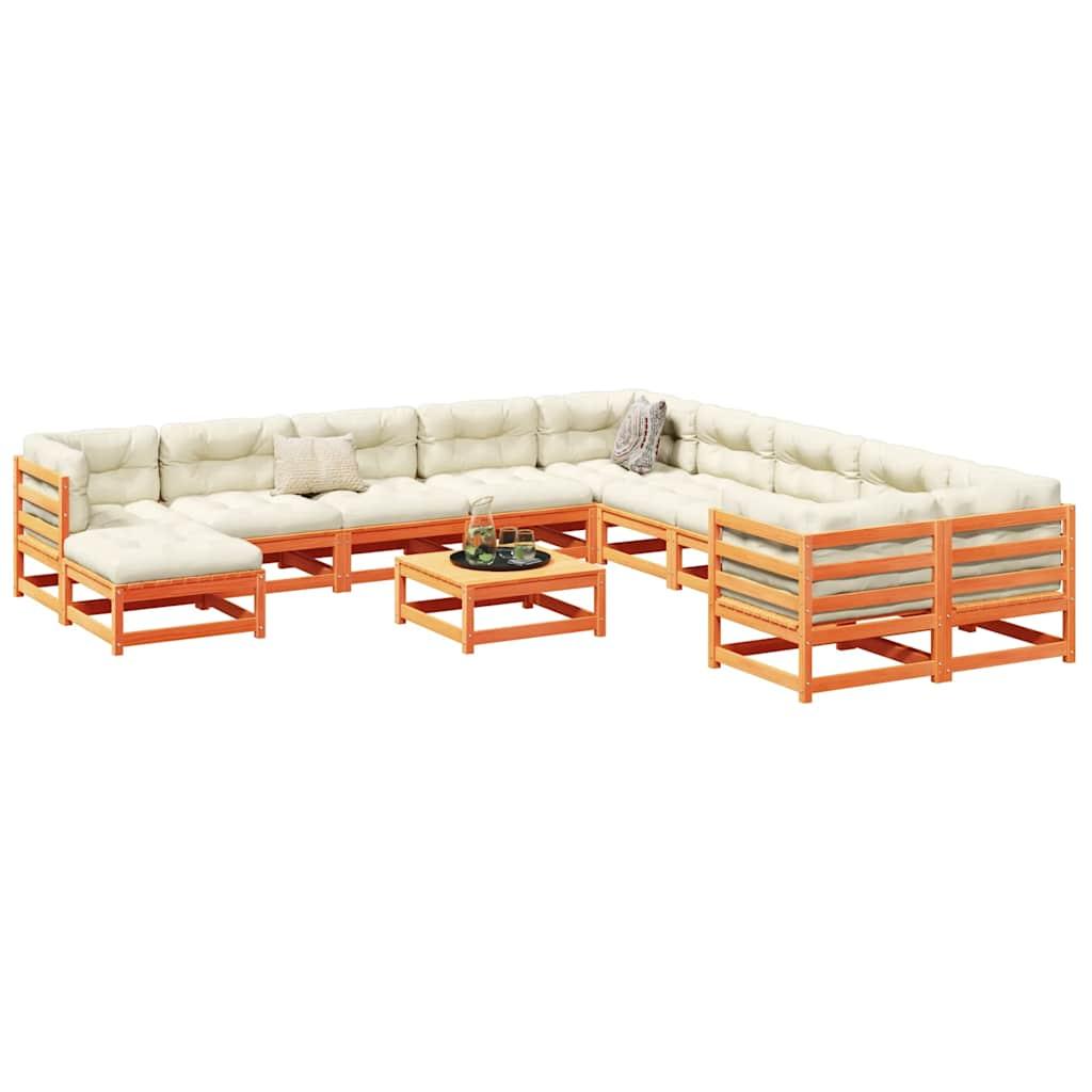 Juego de sofás de jardín 12 pzas madera maciza pino marrón cera