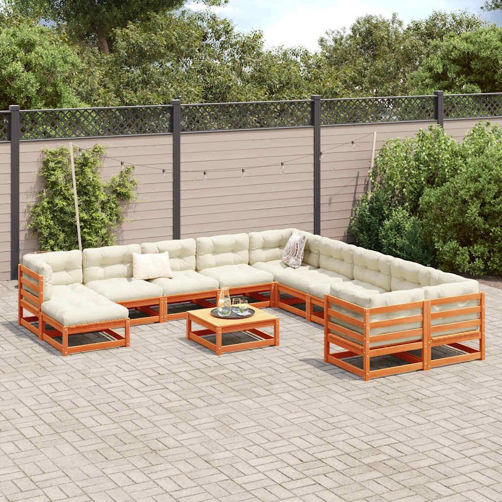 Juego de sofás de jardín 12 pzas madera maciza pino marrón cera