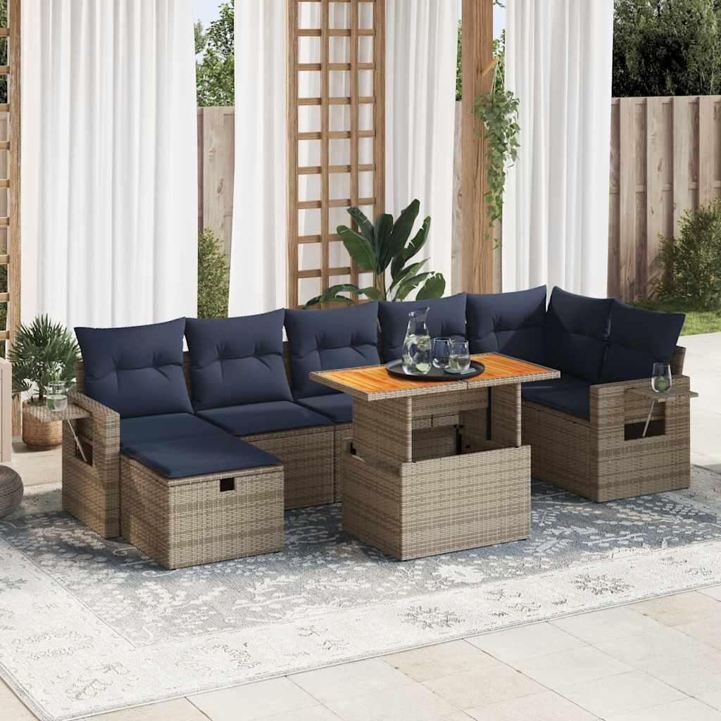 Juego Sofá Jardín 8 Piezas con Cojines Marrón Poli Ratán Acacia
