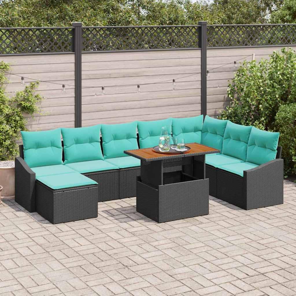 Conjunto de sofás de jardín 9 uds. Negro y Verde Azulado