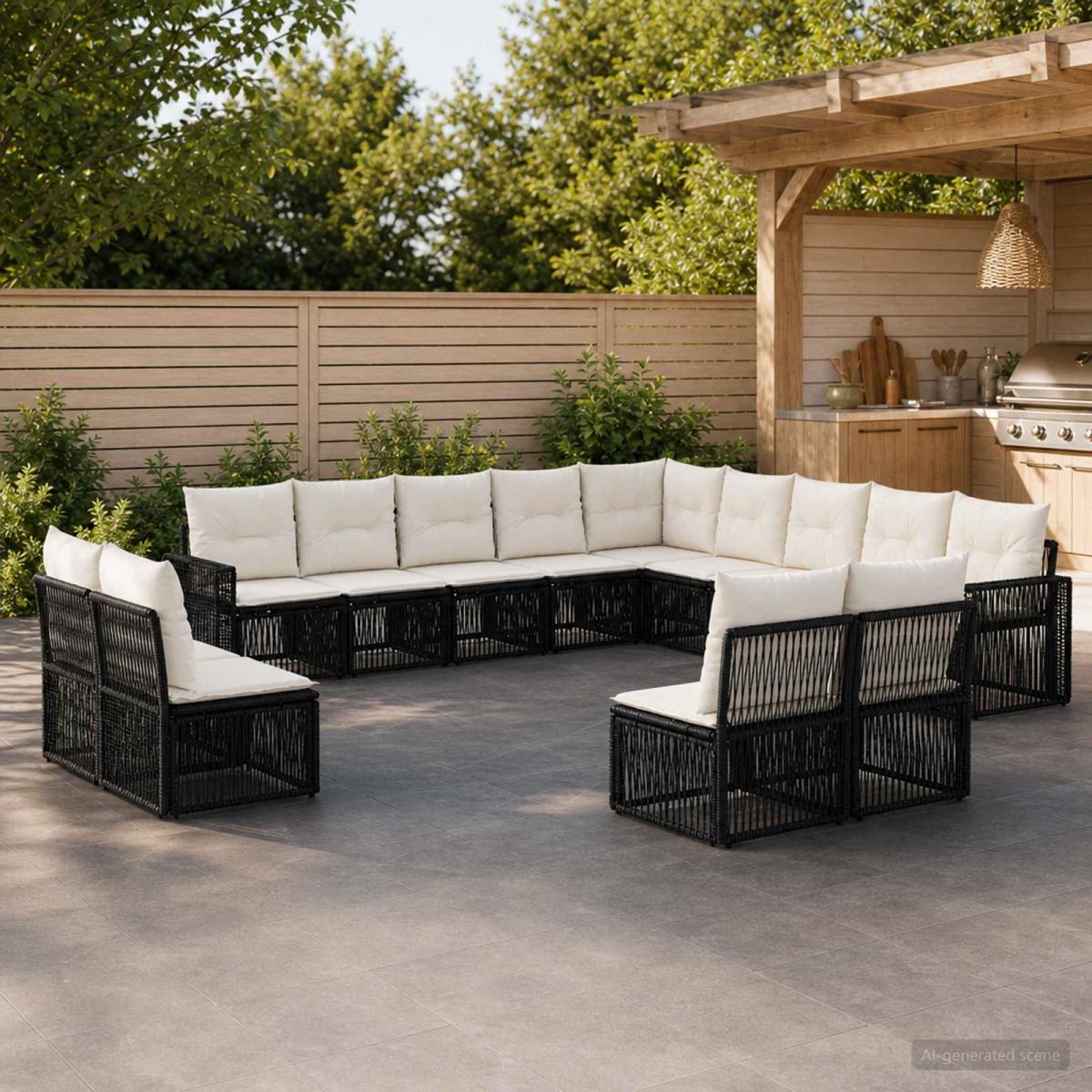 Conjunto de sofás de jardín 13 uds. Negro y Blanco Crema