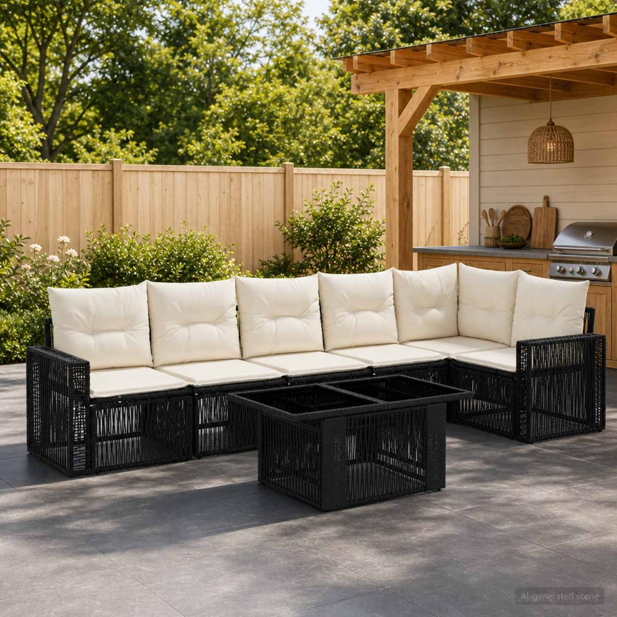 Conjunto de sofás de jardín 7 uds. 6 plaza Negro y Blanco Crema