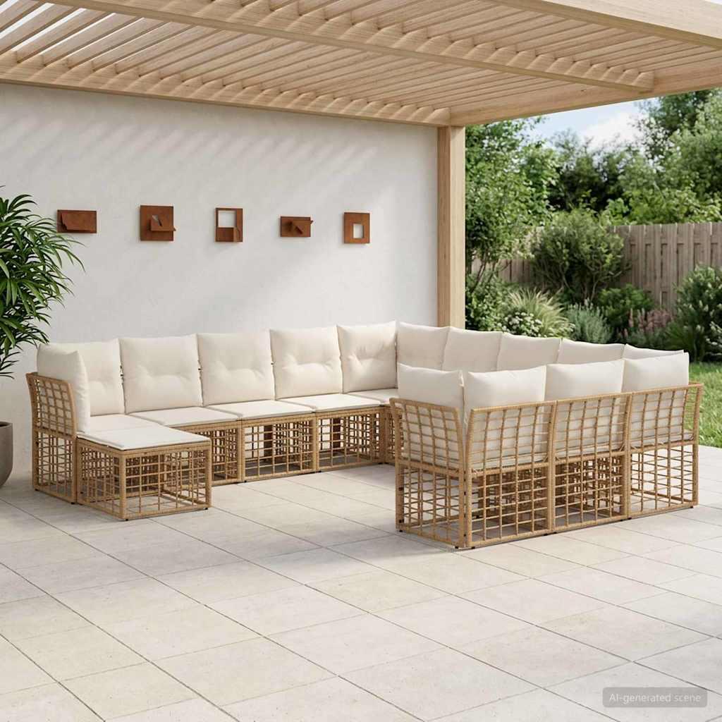 Conjunto de sofás de exterior 12 uds. Natural y Crema Poliéster