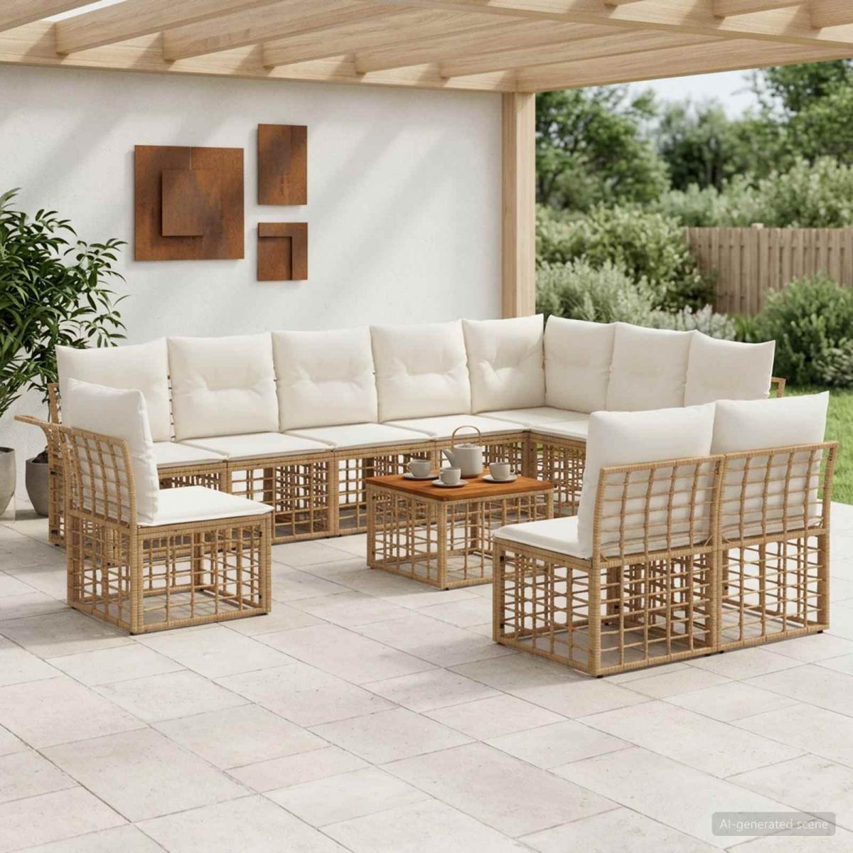 Conjunto de sofás de exterior 11 uds. 10 plaza Natural y Crema