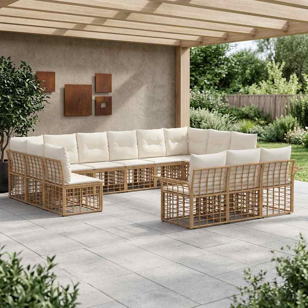 Conjunto de sofás de exterior 13 uds. Natural y Crema Poliéster