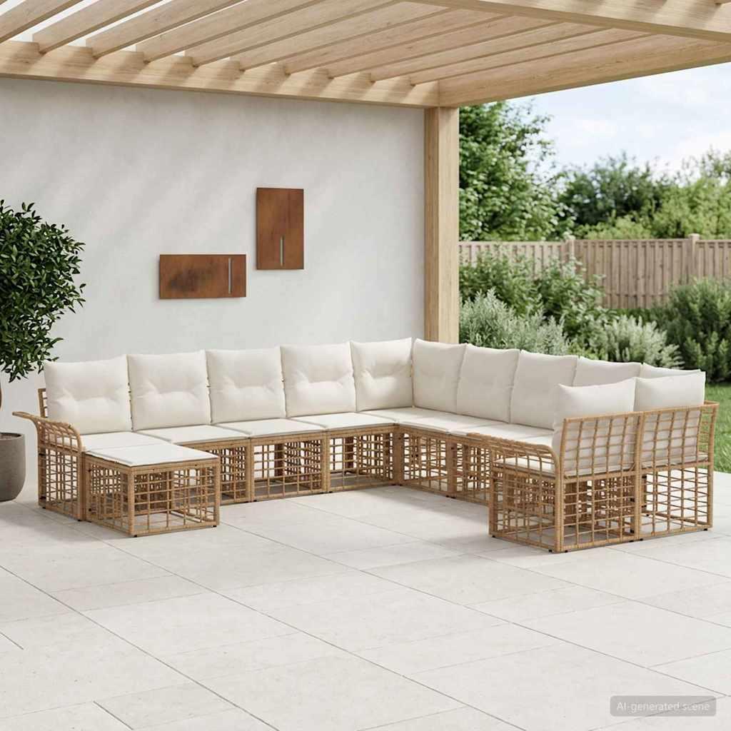 Conjunto de sofás de exterior 11 uds. Natural y Crema Poliéster