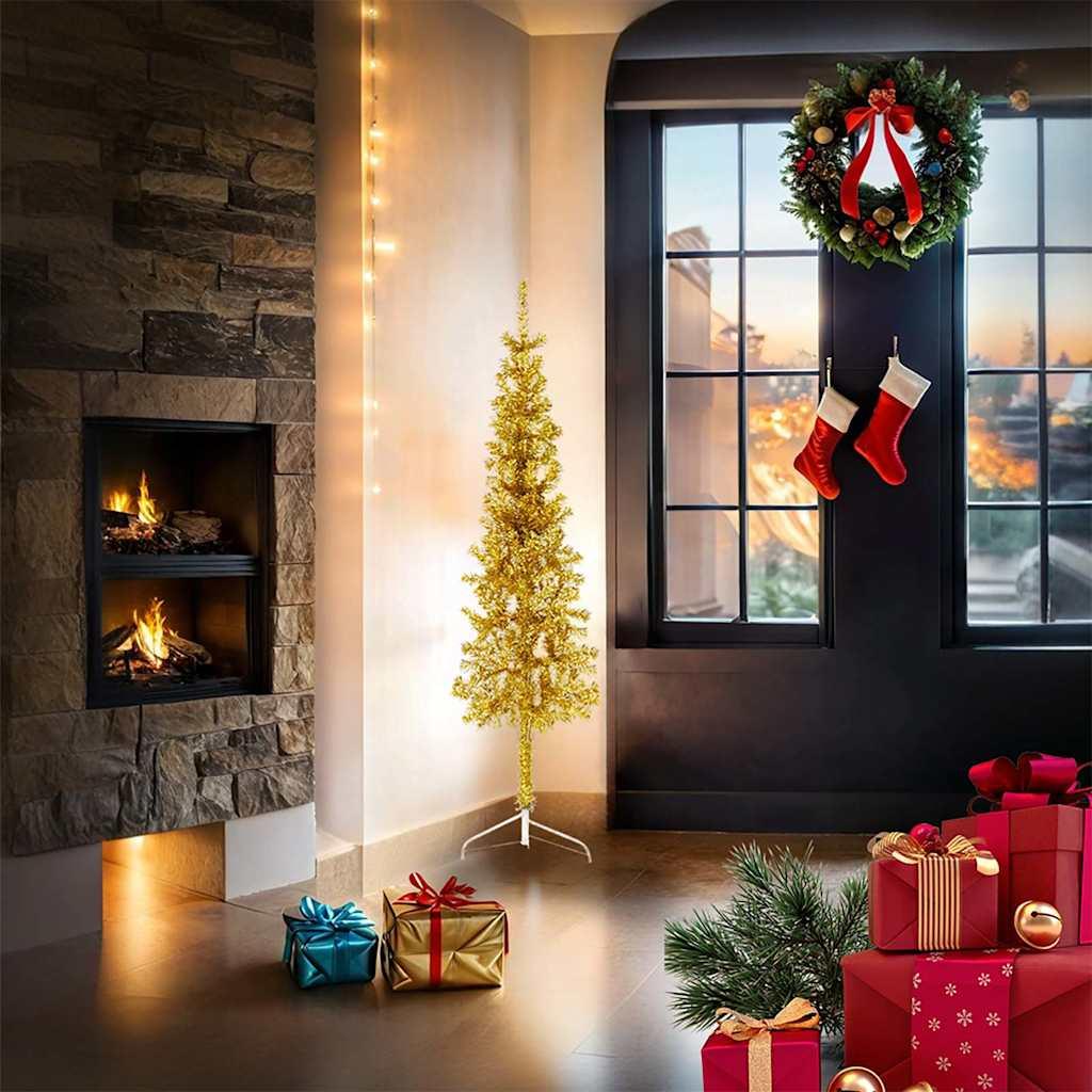 Medio árbol de Navidad artificial con soporte dorado