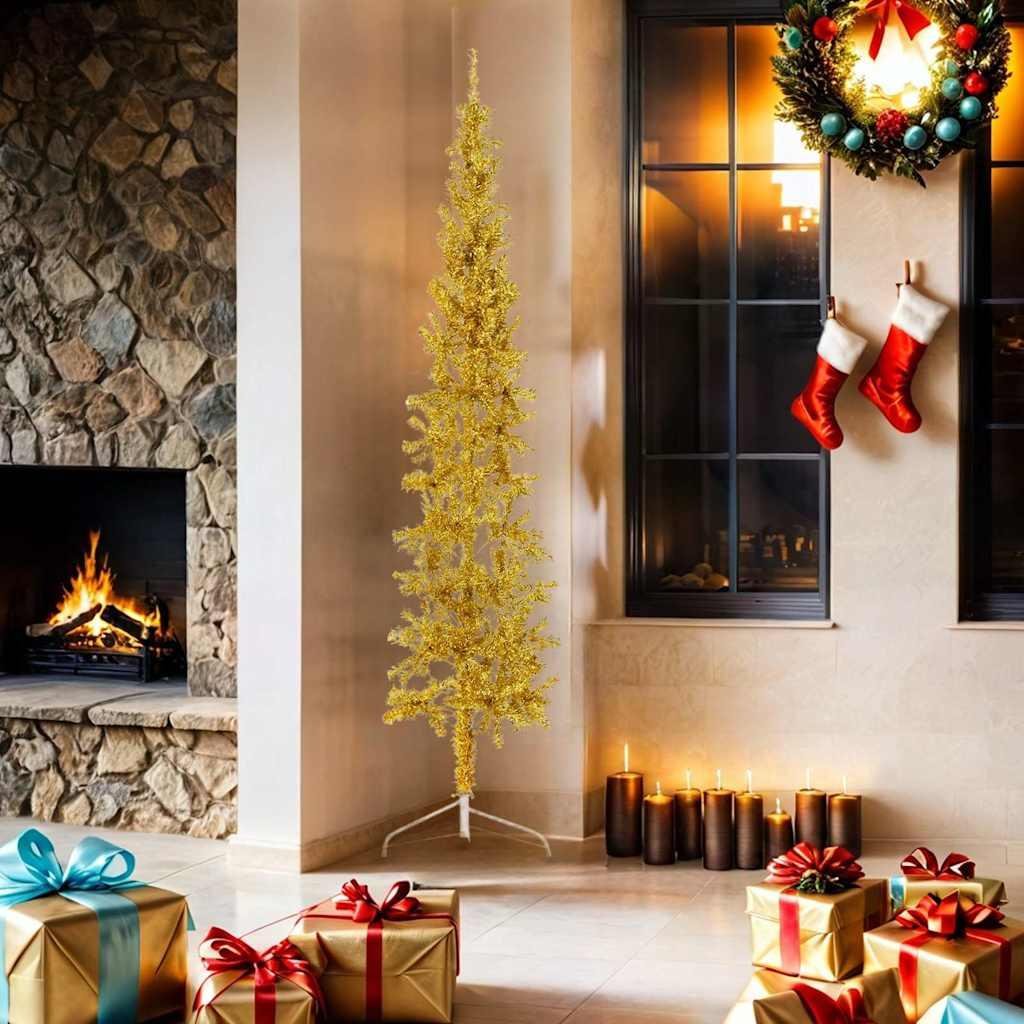 Medio árbol de Navidad artificial con soporte dorado