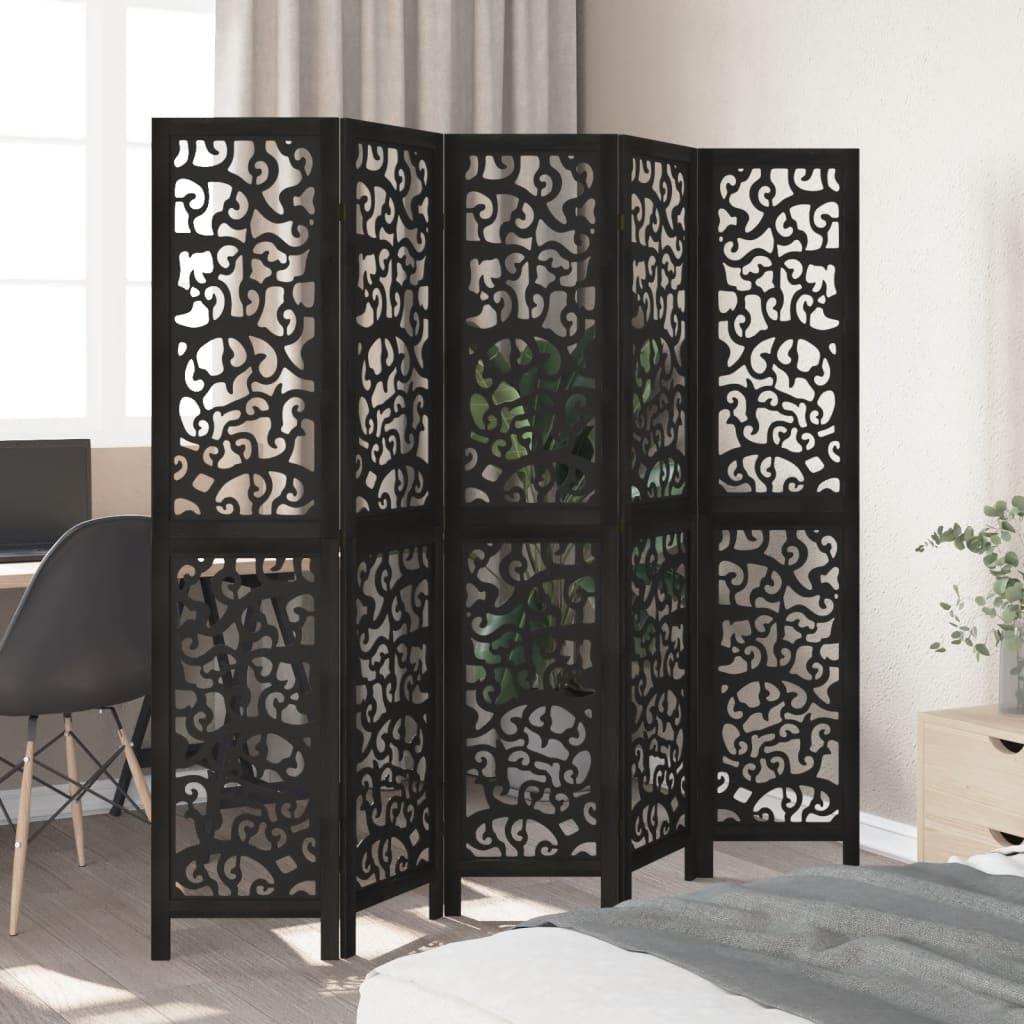 Biombo separador 5 paneles madera maciza Paulownia marrón negro