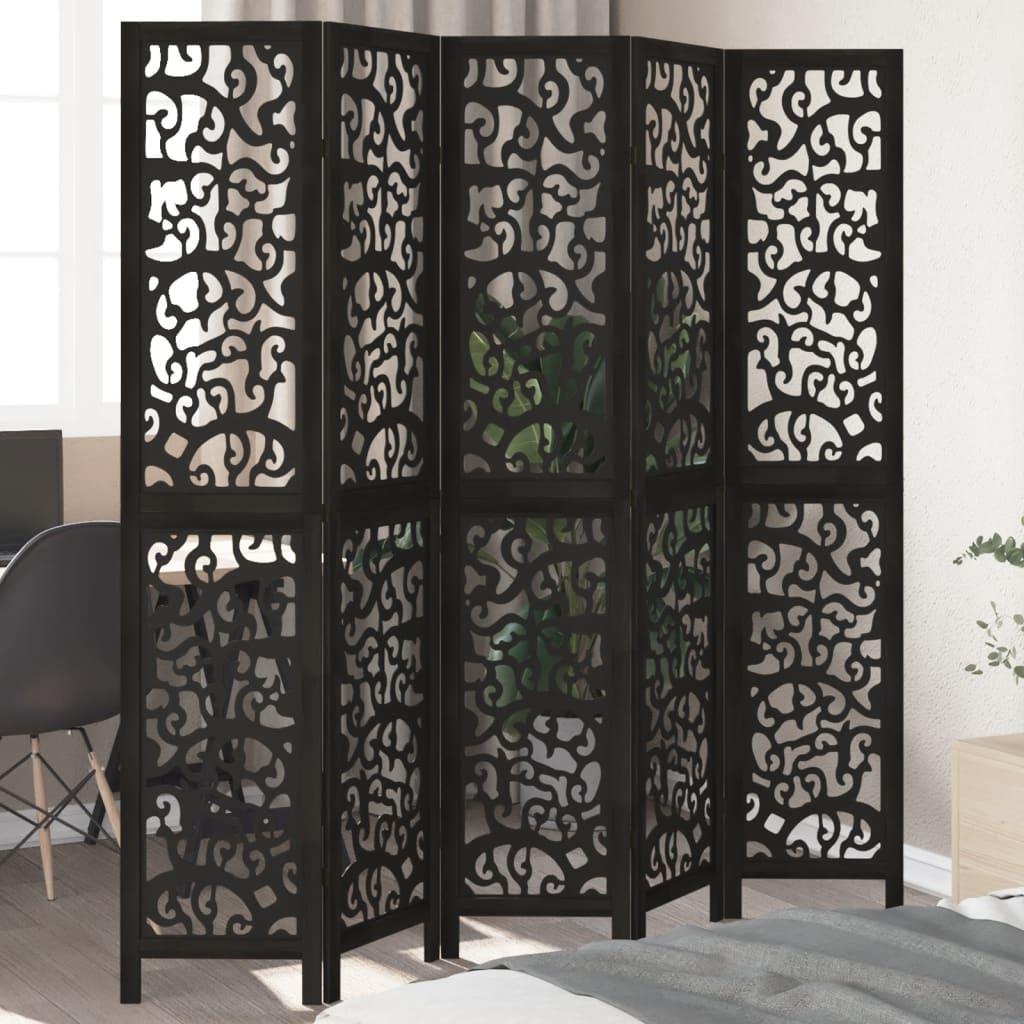 Biombo separador 5 paneles madera maciza Paulownia marrón negro