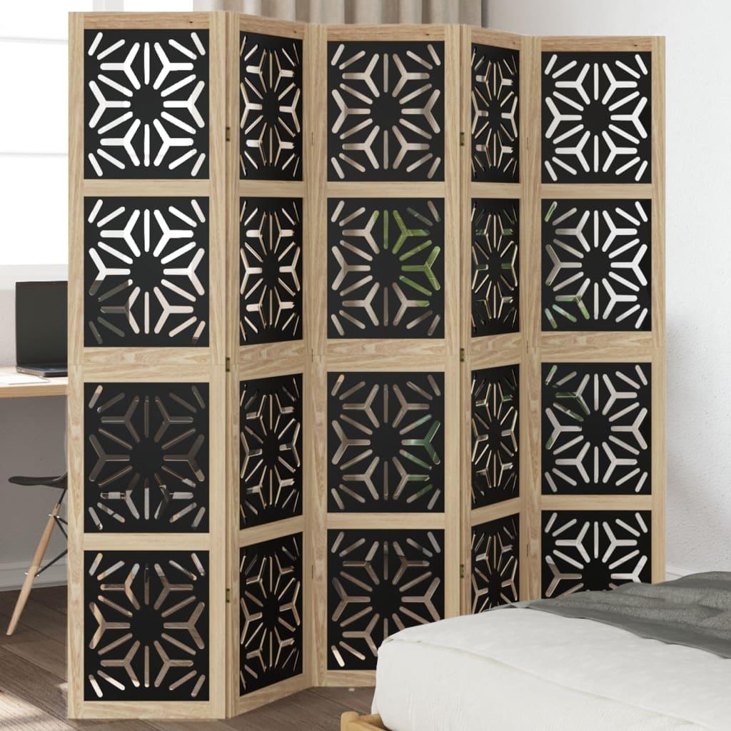 Biombo separador 5 paneles madera maciza Paulownia marrón negro