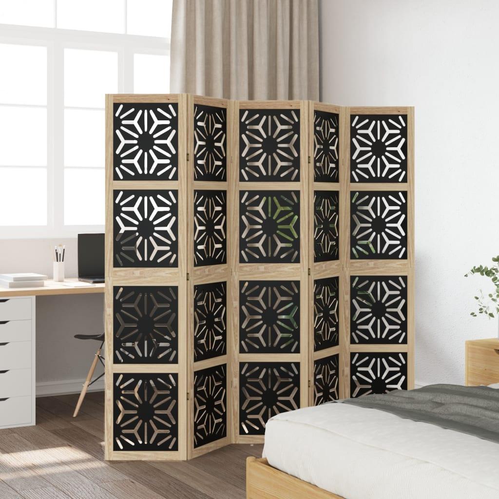 Biombo separador 5 paneles madera maciza Paulownia marrón negro