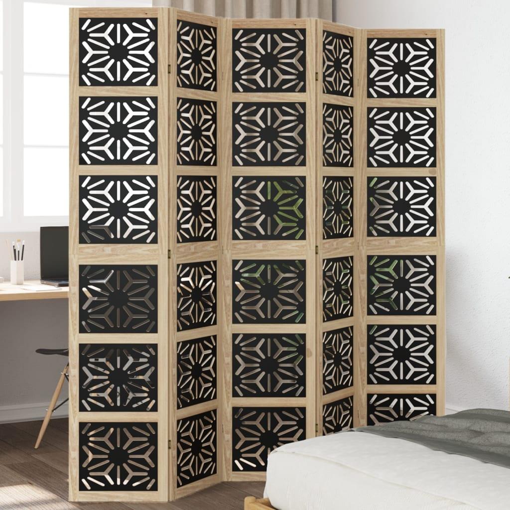 Biombo separador 5 paneles madera maciza Paulownia marrón negro
