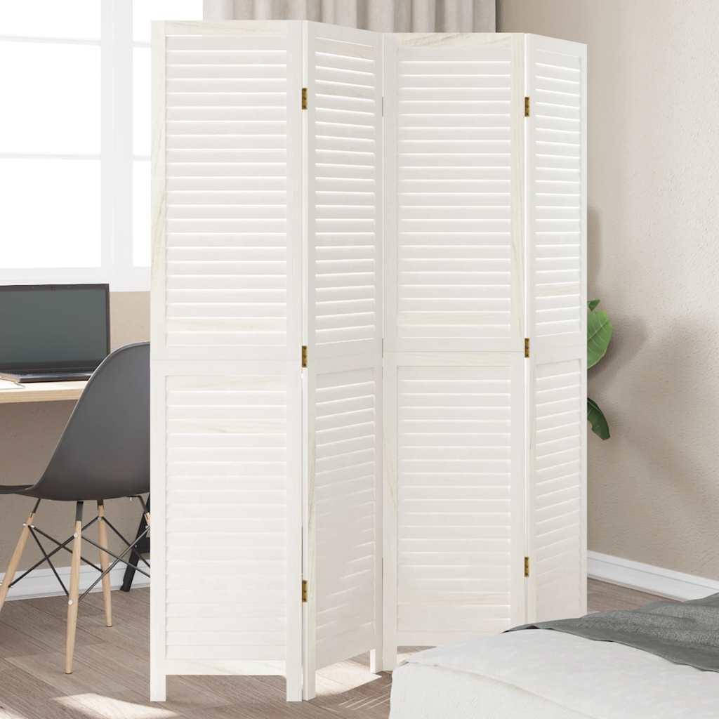Biombo separador de 4 paneles madera maciza Paulownia blanco retro