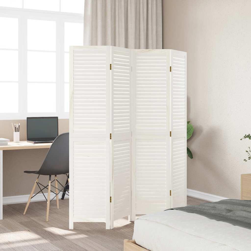 Biombo separador de 4 paneles madera maciza Paulownia blanco retro