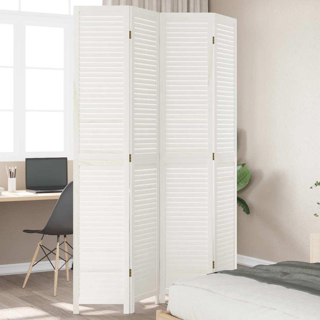 Biombo separador de 4 paneles madera maciza Paulownia blanco retro