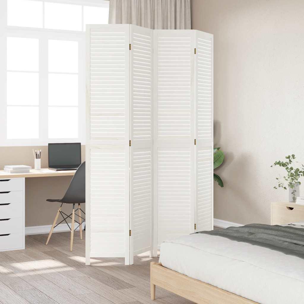 Biombo separador de 4 paneles madera maciza Paulownia blanco retro