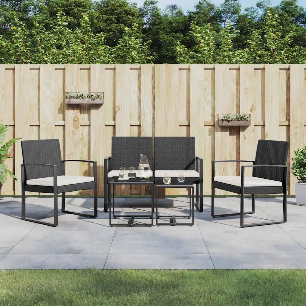 Set comedor de jardín 5 pzas con cojines PP aspecto ratán negro